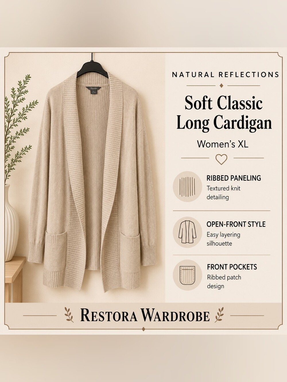 Natural Reflections Ribbed Long Cardigan Open Front Taupe Oatmeal XL